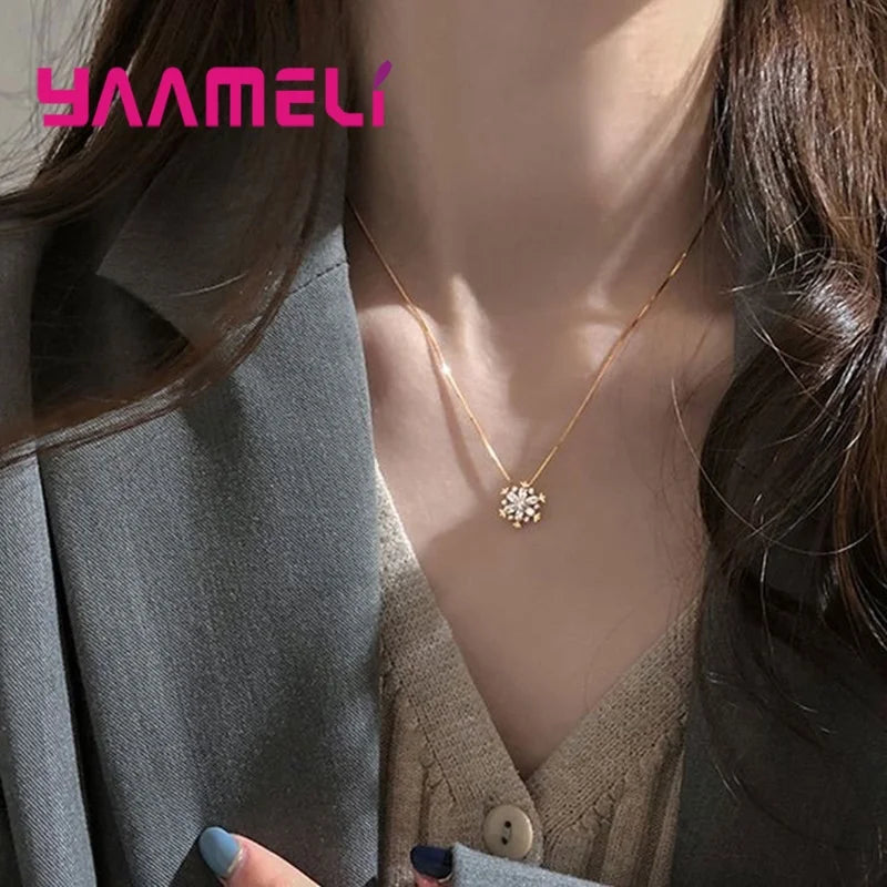 Fine 925 Sterling Silver Pendant Necklaces Shining Snowflake Crystal Zircon Necklace for Women Girls Wedding Party Jewelry Gift