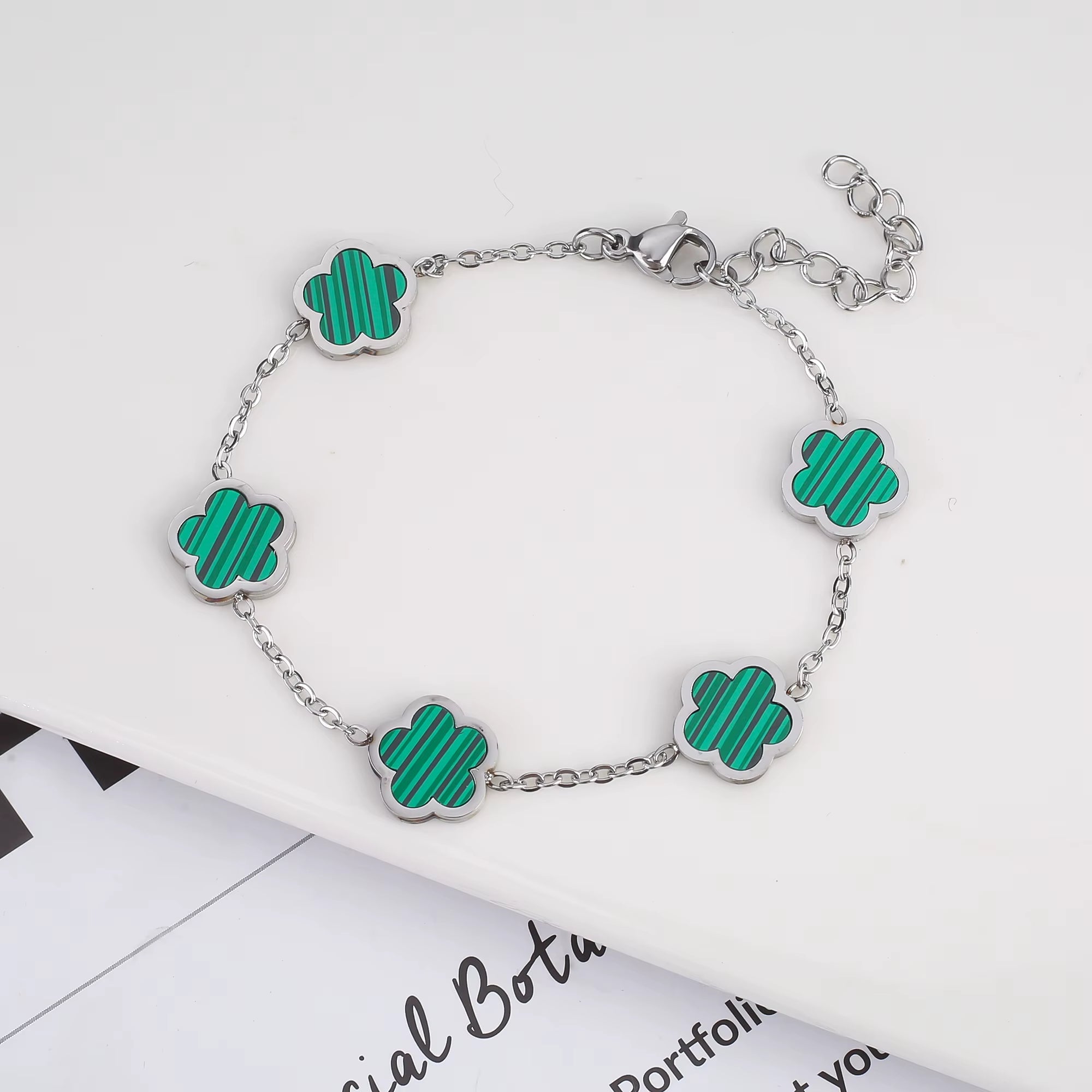 Silver Color New Design Plant Five Leaf Flower Bracelet Single Sided Plum Blossom Stainless Steel Jewelry Women'S Clover