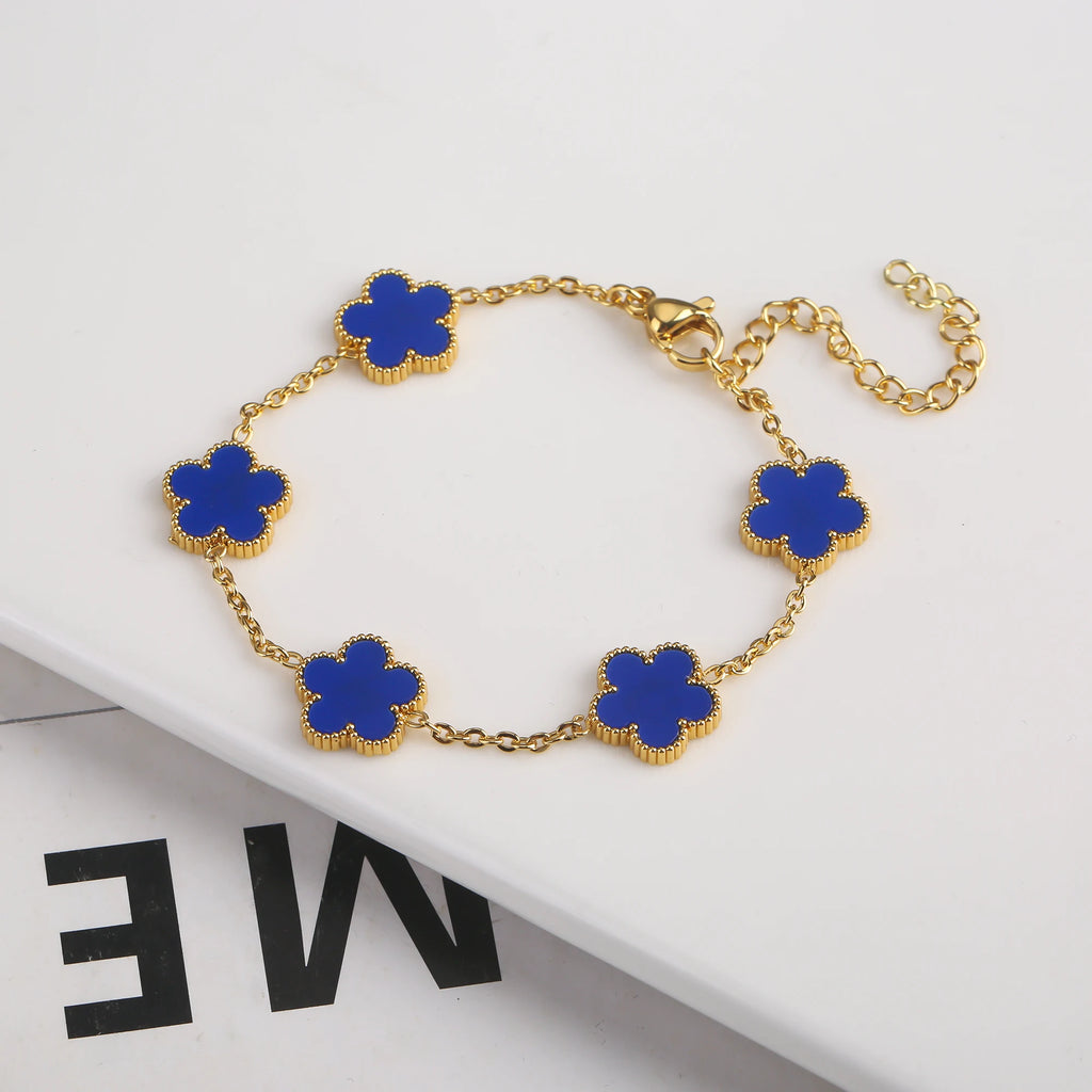 Silver Color New Design Plant Five Leaf Flower Bracelet Single Sided Plum Blossom Stainless Steel Jewelry Women'S Clover