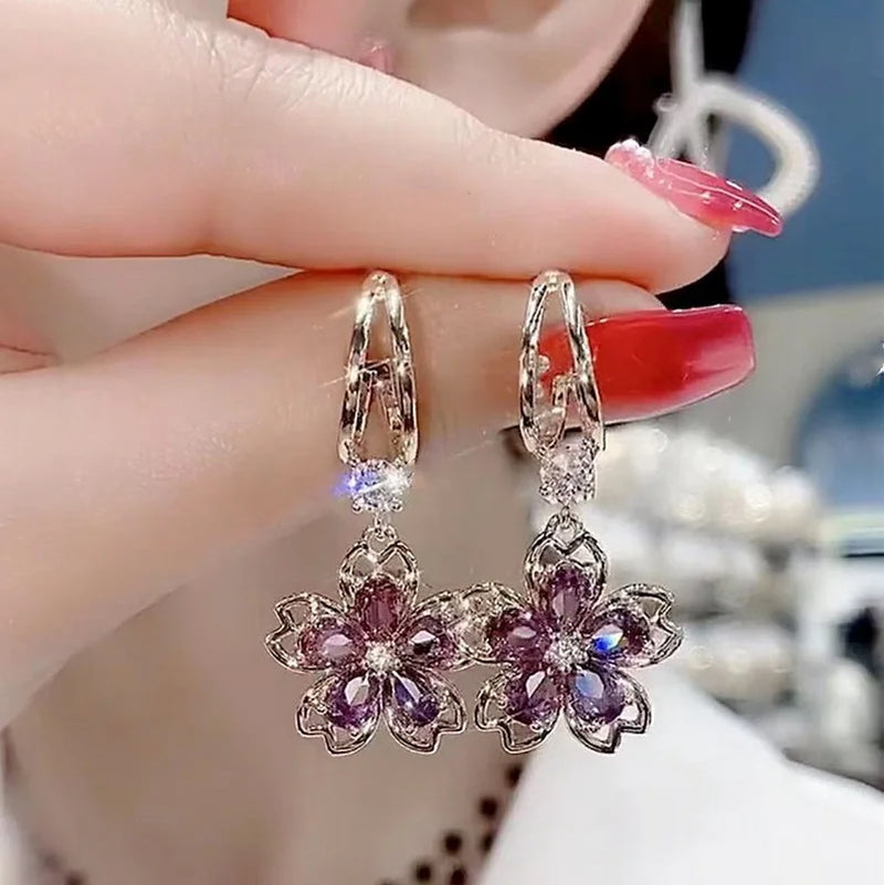 Vintage Elegant Purple Crystal Flower Petal Earrings for Women Shiny Zircon Design Hoop Earrings Jewelry Party Premium Gifts