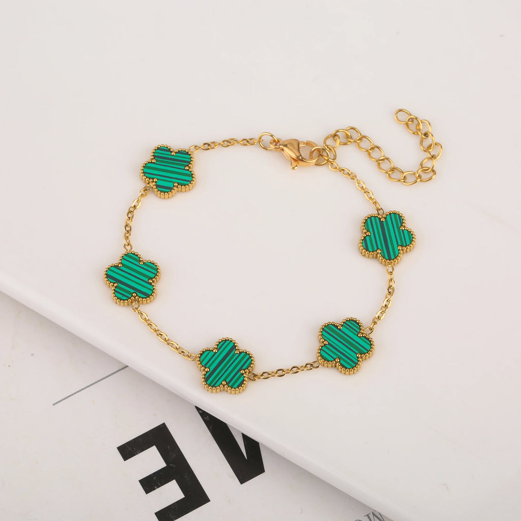 Silver Color New Design Plant Five Leaf Flower Bracelet Single Sided Plum Blossom Stainless Steel Jewelry Women'S Clover