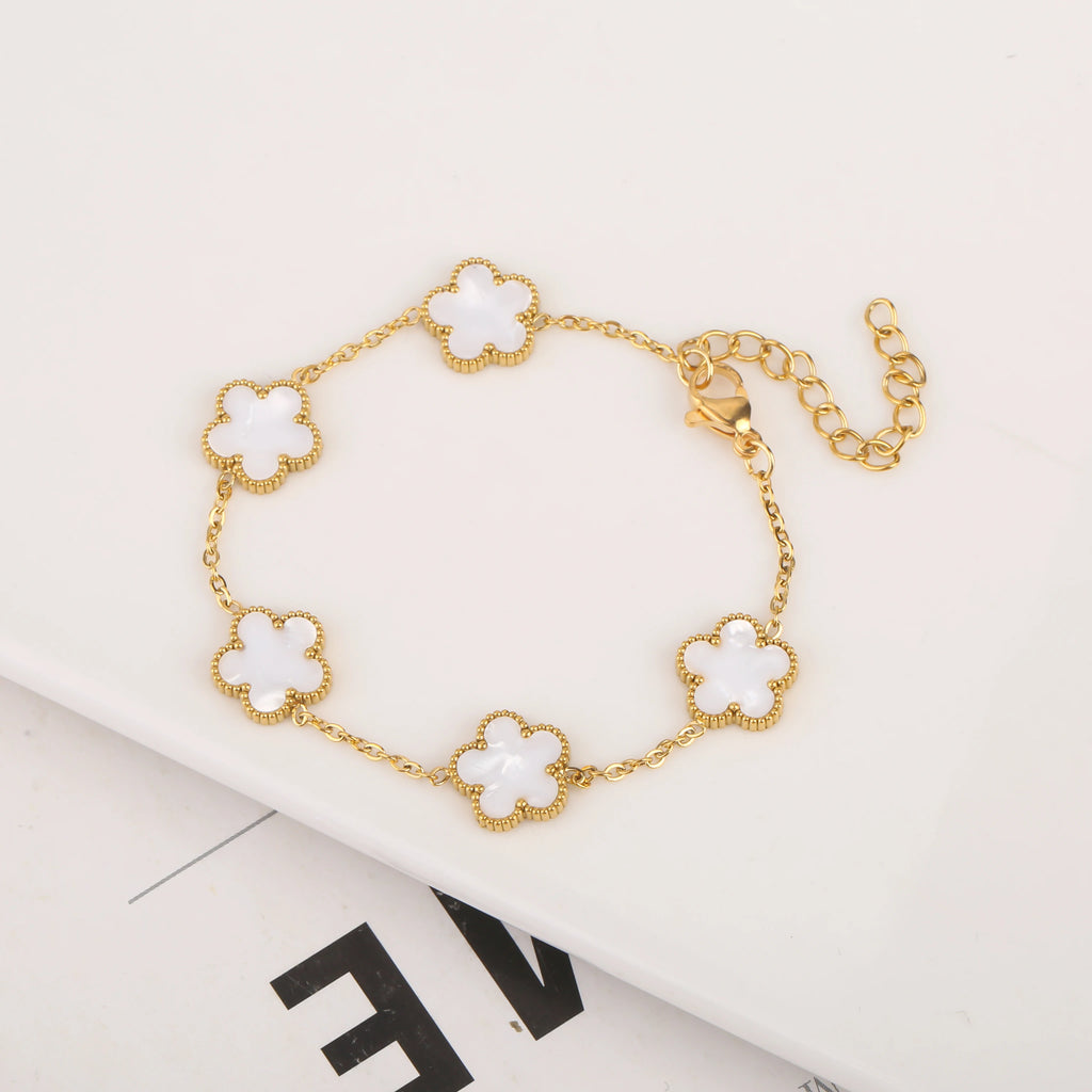Silver Color New Design Plant Five Leaf Flower Bracelet Single Sided Plum Blossom Stainless Steel Jewelry Women'S Clover