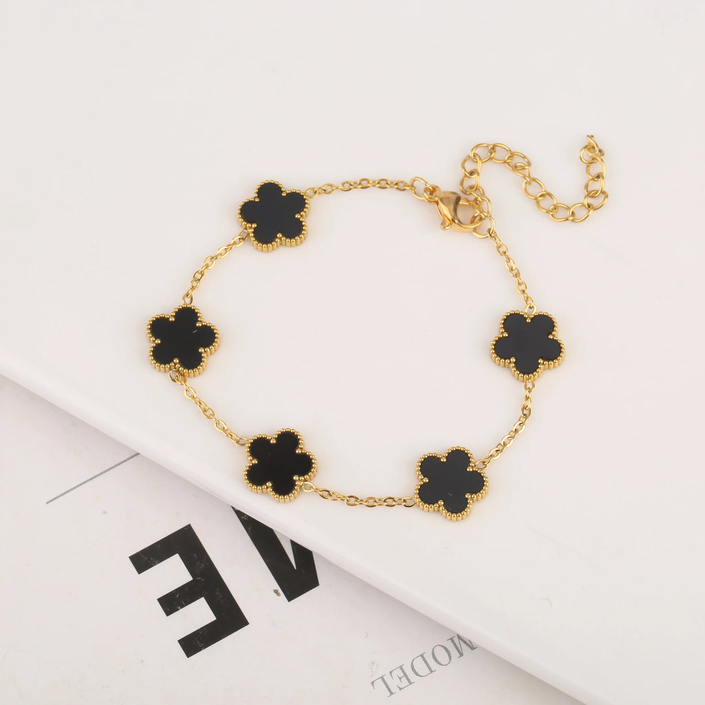 Silver Color New Design Plant Five Leaf Flower Bracelet Single Sided Plum Blossom Stainless Steel Jewelry Women'S Clover