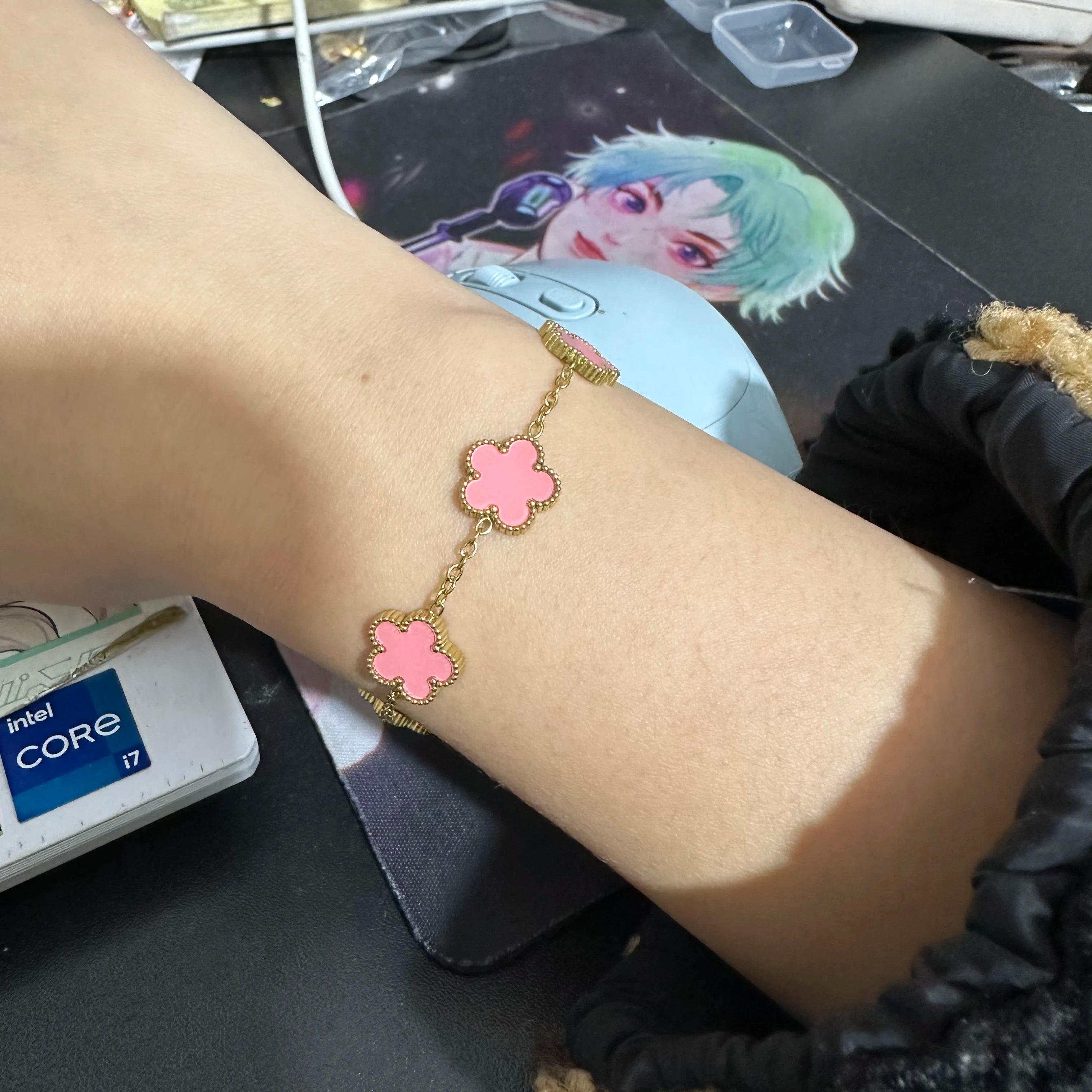 Silver Color New Design Plant Five Leaf Flower Bracelet Single Sided Plum Blossom Stainless Steel Jewelry Women'S Clover