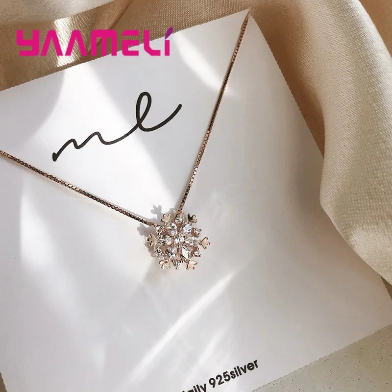 Fine 925 Sterling Silver Pendant Necklaces Shining Snowflake Crystal Zircon Necklace for Women Girls Wedding Party Jewelry Gift